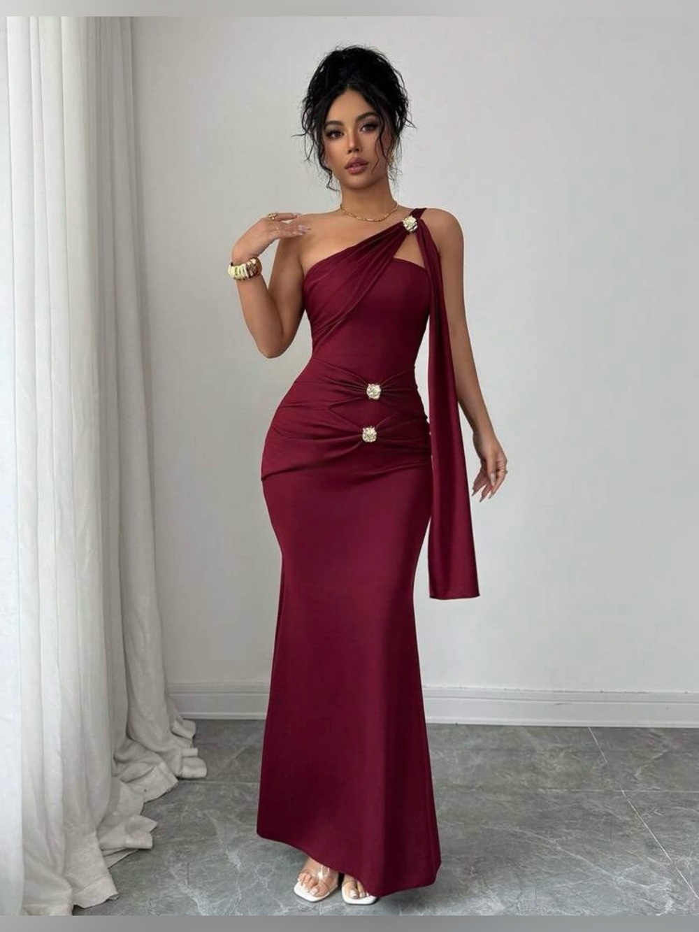 Women's Wine Red One-Shoulder Maxi Dress w/ Gold Details, Large Like New Shein